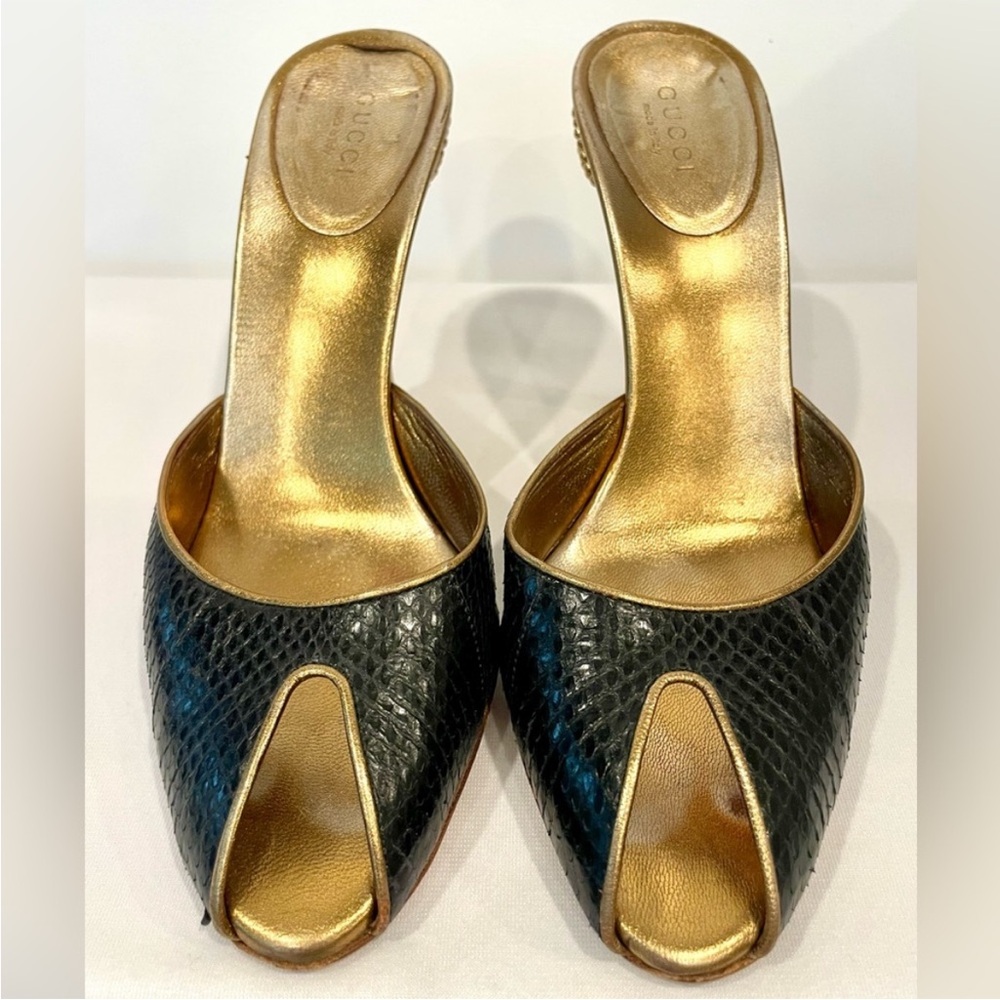 Gucci Rare Tom Ford Runway snakeskin slides, reptilian heel, blk & gold, 7, EUC - Picture 5 of 16